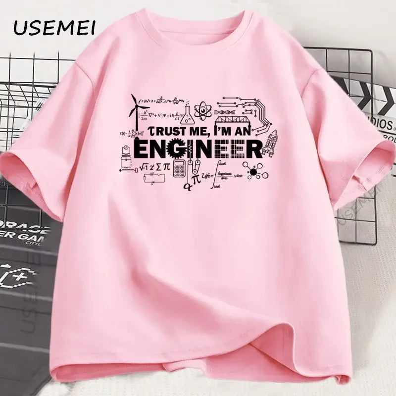 Pink engineer t-shirt for men with graphic design, featuring text that says 'Trust me, I’m an ENGINEER' by USEMEI.