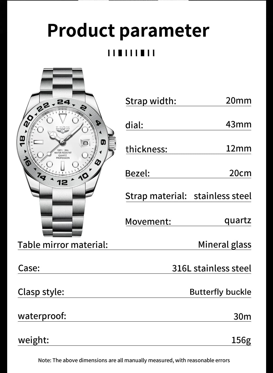 LIGE stainless steel wrist watches for men