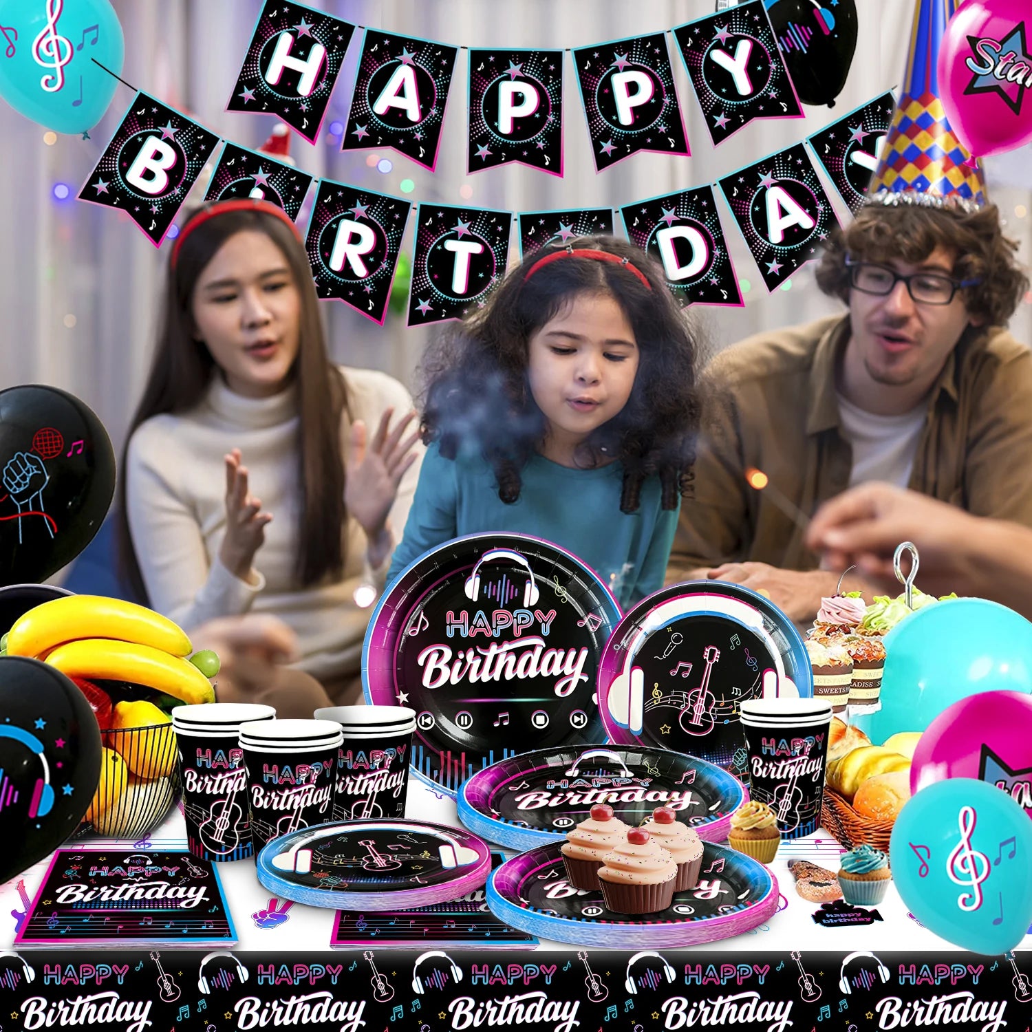 Music Party Decorations,77pcs Music Birthday Party Decorations Tableware Set - Music Balloons Banner Tablecloth Plates Cups