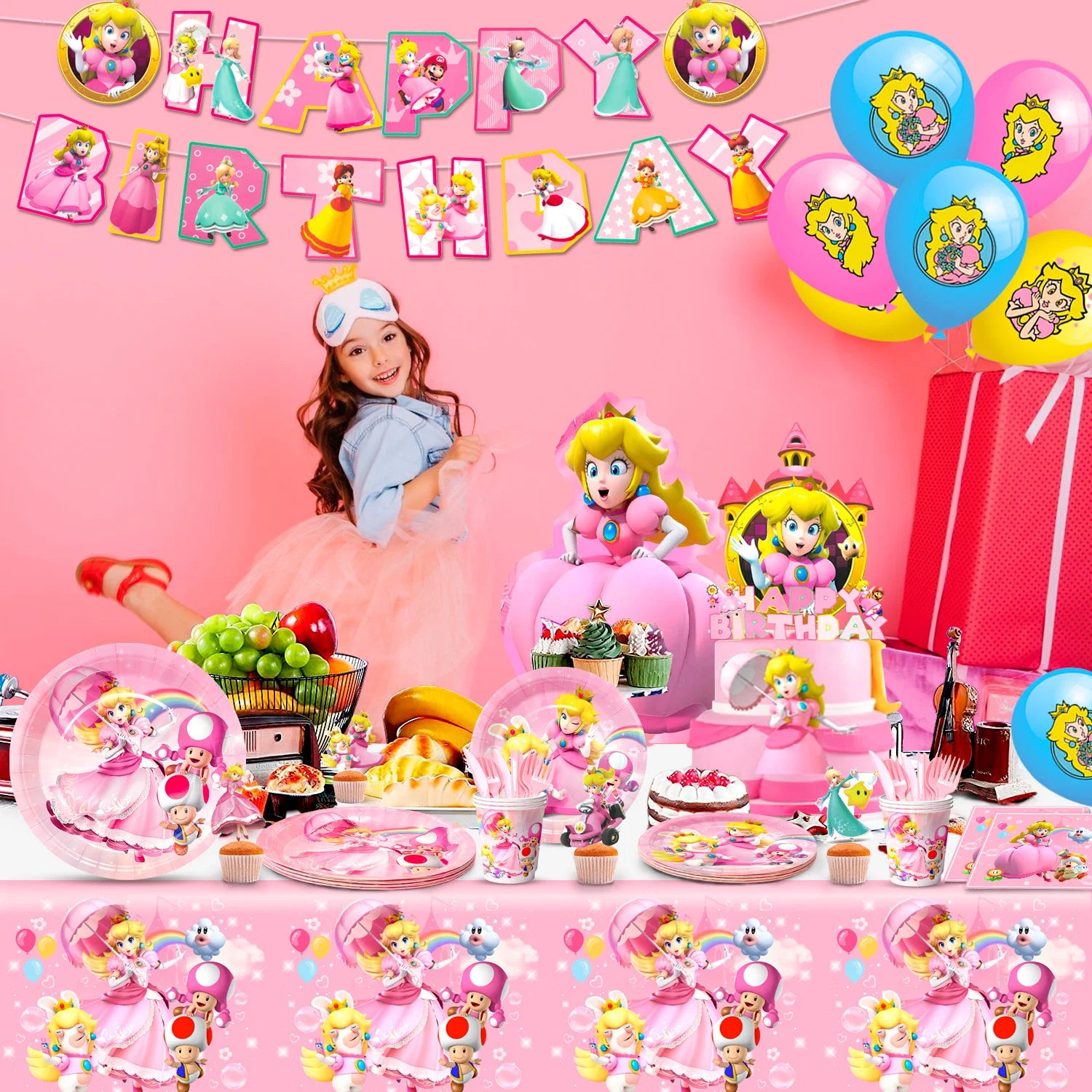 Cartoon Peach Birthday Party Supplies, 114pcs Cartoon Peach Party Decorations & Tableware Set - Party Plates and Napkins Cups