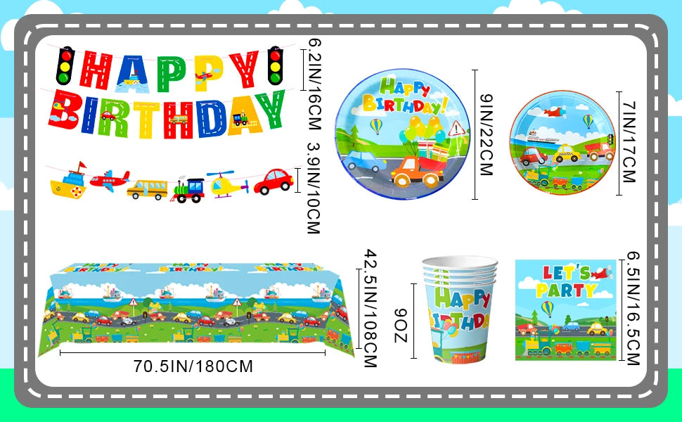 Transportation Birthday Party Supplies,104pcs Party Tableware Set - Birthday Decor Banner Tablecloth Plates Napkin etc