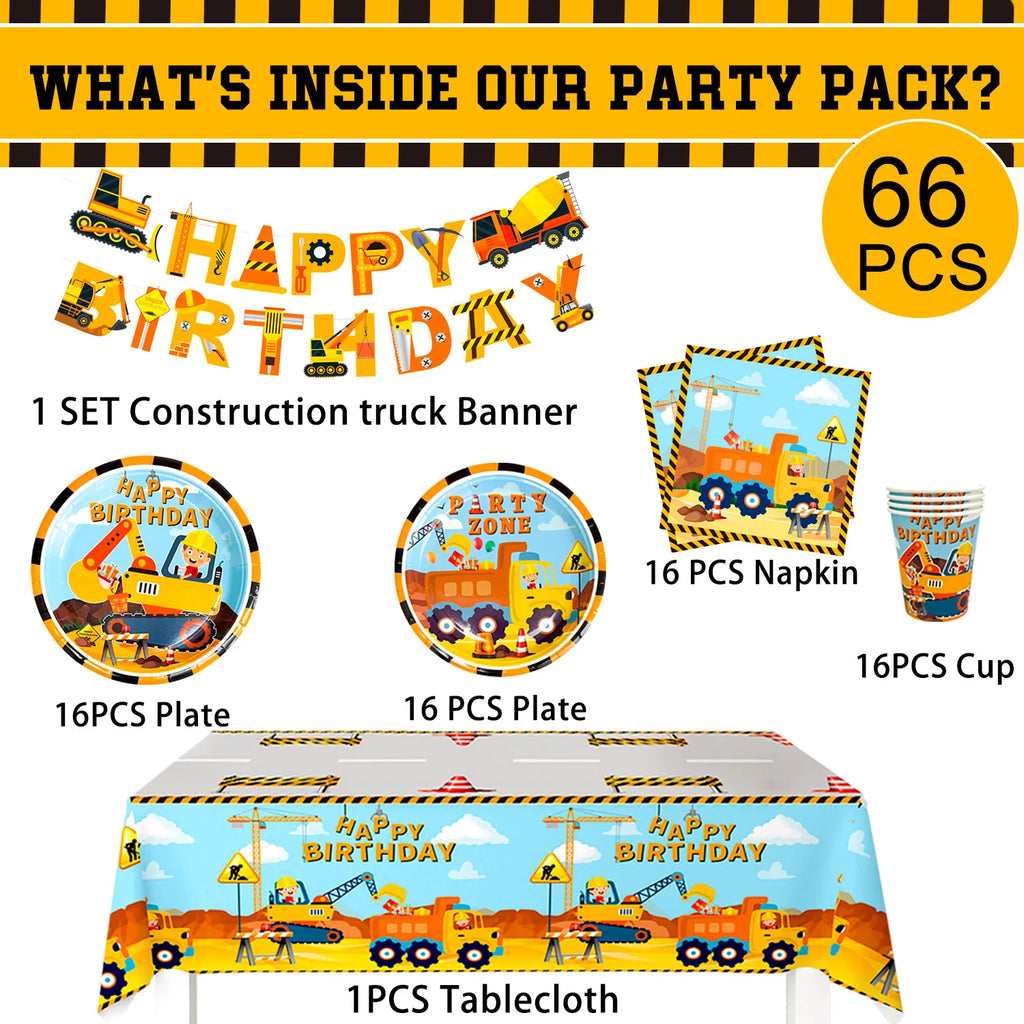 66pcs Construction Party Supplies Tableware Set-Construction Birthday Party Plates Cups Napkins Tablecloth Banner etc