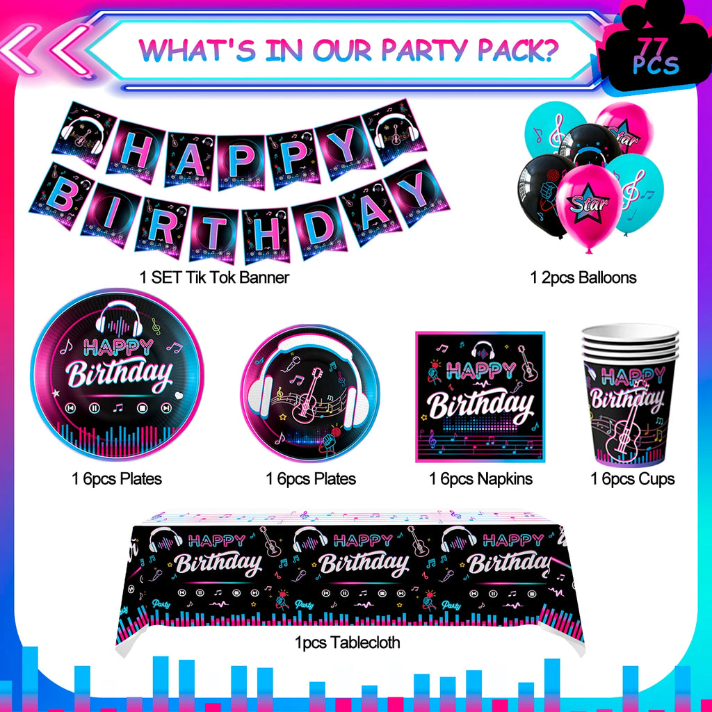 Music Party Decorations,77pcs Music Birthday Party Decorations Tableware Set - Music Balloons Banner Tablecloth Plates Cups