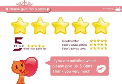 Please give me 5 stars graphic showing five yellow stars, rating summary for seller and a cute character asking for feedback