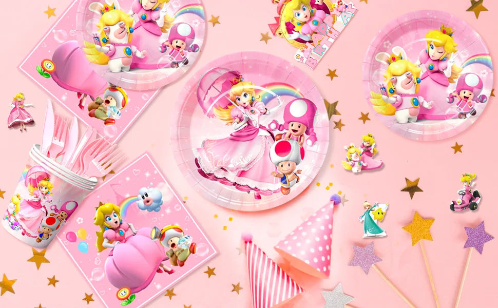 Cartoon Peach Birthday Party Supplies, 114pcs Cartoon Peach Party Decorations & Tableware Set - Party Plates and Napkins Cups