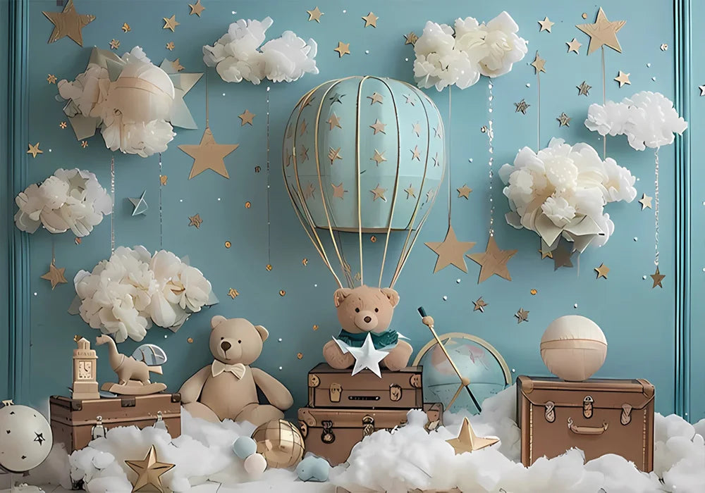 One Year Old Baby Birthday Backdrop Toys Bear White Balloons