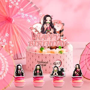 Nezuko Birthday Decorations,117pcs Decorations&Nezuko Party Tableware Set-Party Plates Tablecloth&Cake Topper Banner Balloons