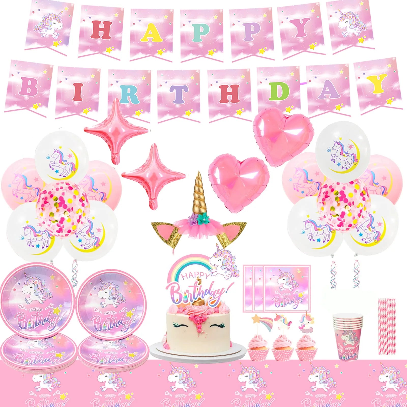 Unicorn Birthday Party Supplies,116pcs Decorations&Birthdays Tableware Set-Unicorn Party Plates Napkins Table Cloth etc