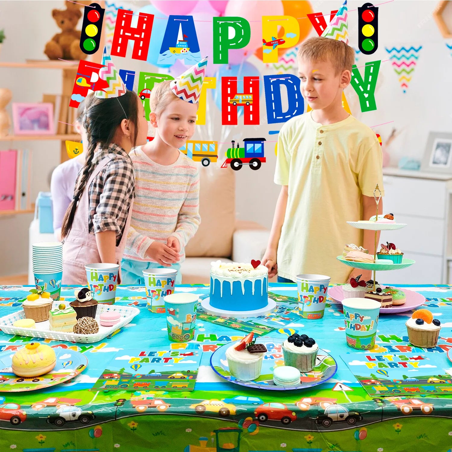 Transportation Birthday Party Supplies,104pcs Party Tableware Set - Birthday Decor Banner Tablecloth Plates Napkin etc