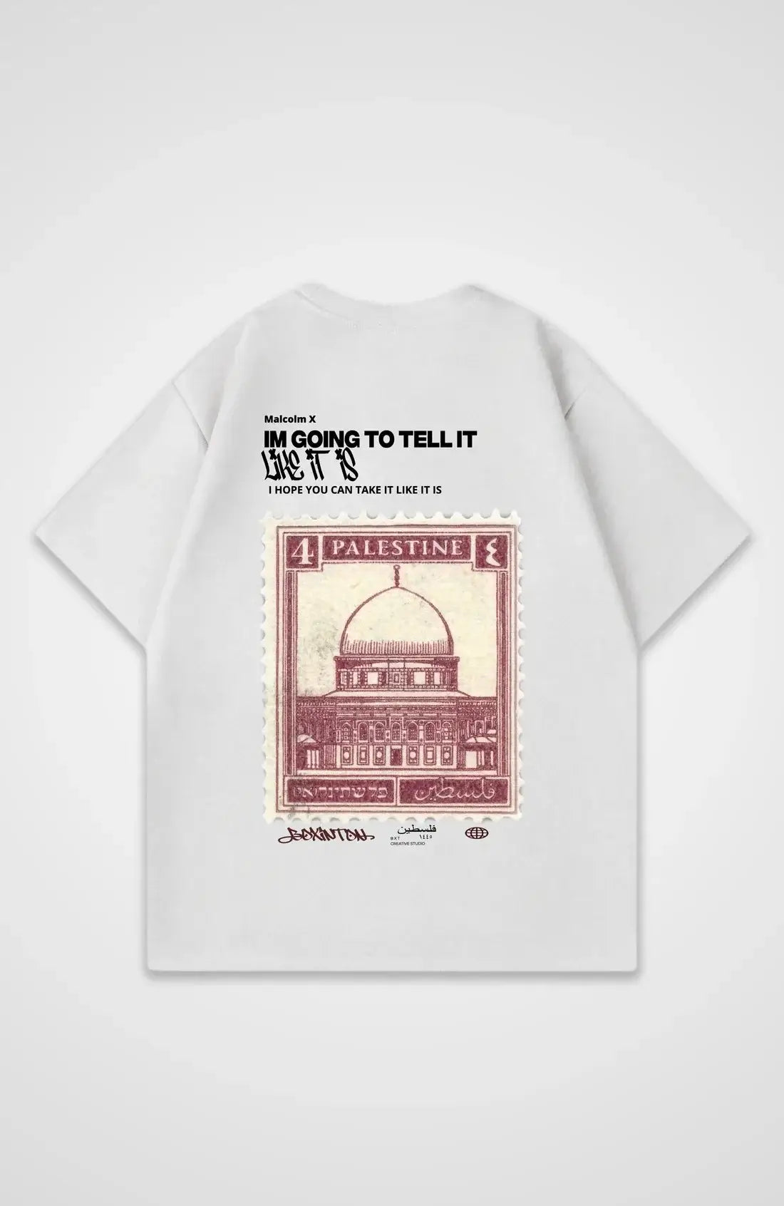 Stand T-Shirt for Men Graphic T Shirts Tops featuring Palestine stamp design and motivational text on a gray background.