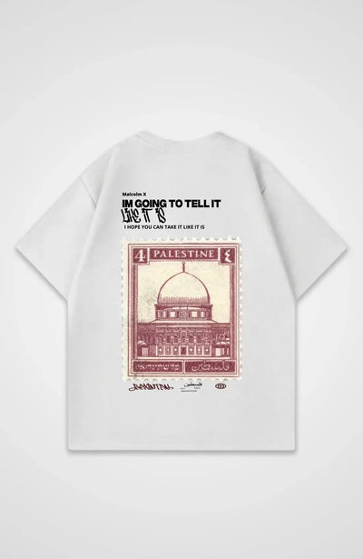 Stand T-Shirt for Men Graphic T Shirts Tops featuring Palestine stamp design and motivational text on a gray background.