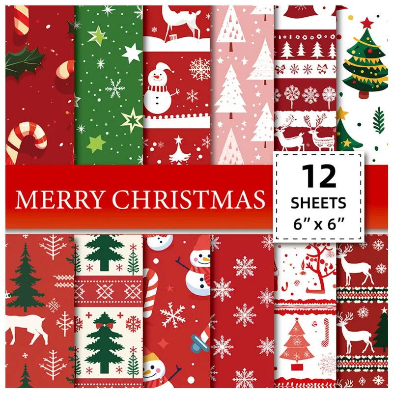 12Zhang/Christmas Decoration Material Paper ，Snowflake Christmas Tree Snowman PatternDIYScrapbook Paper Gift Wrapping Paper