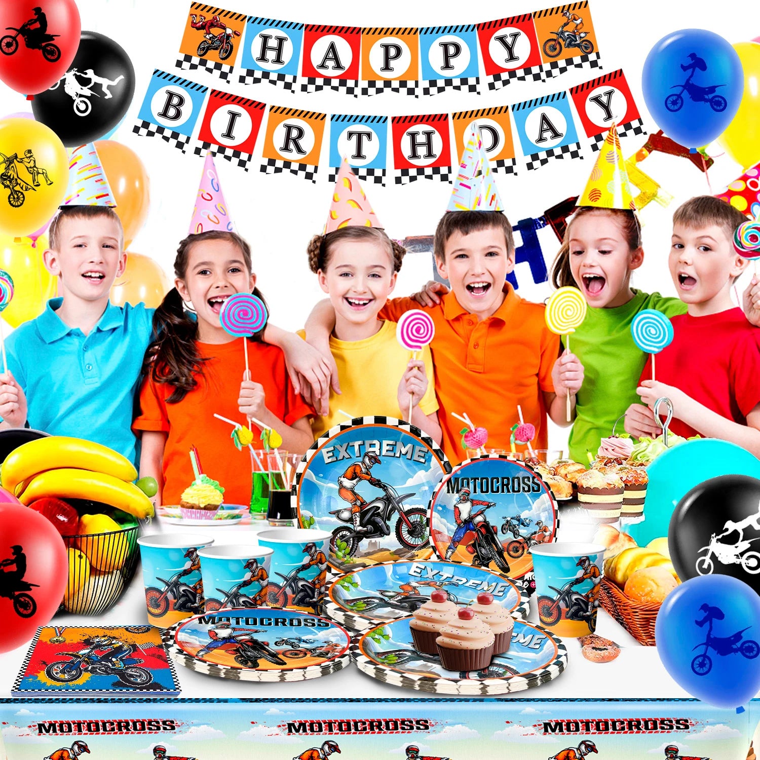 Motorcycle Birthday Supplies,98pcs Decorations&Motorcycle Theme Party Tableware Set-Dirt Bike Party Plates and Napkins Cups etc
