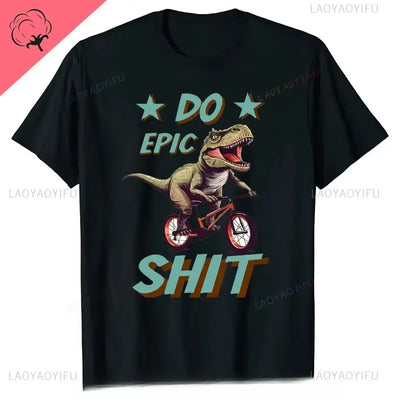men's graphic t-shirt featuring a dinosaur on a bike with the text 'Do Epic Shit' in colorful graphics.