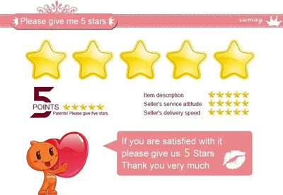 Visual representation requesting 5 stars for seller's service, featuring stars, points, and thank you message.