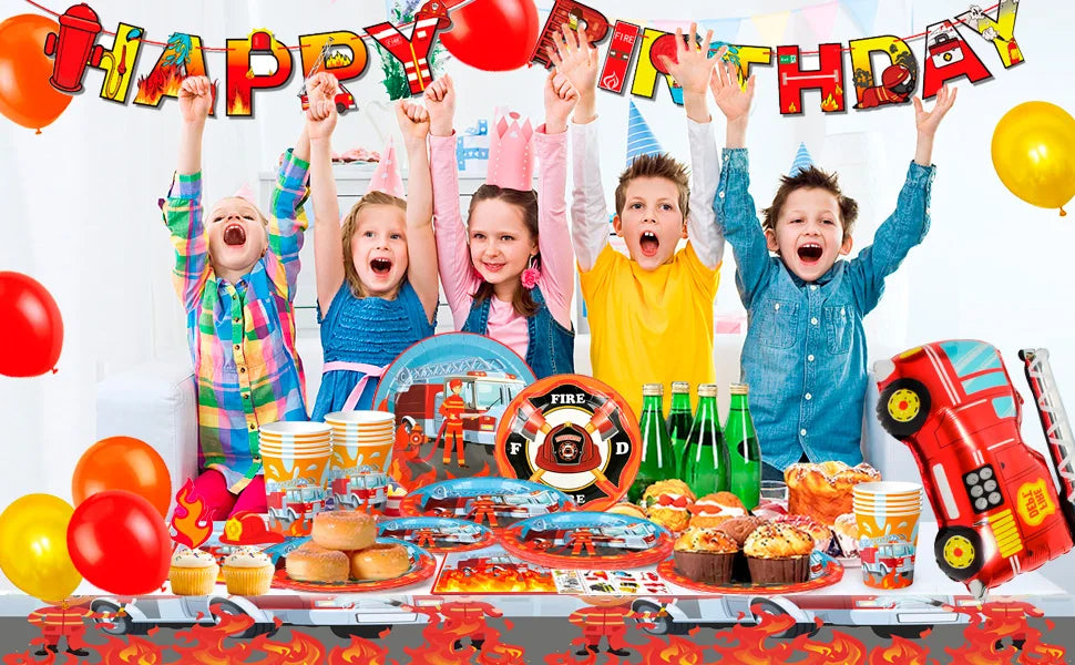 Fire Truck Birthday Party Supplies,95pcs  Birthday Party Decorations for Boys-Firetruck Birthday Balloons Plates Napkins etc