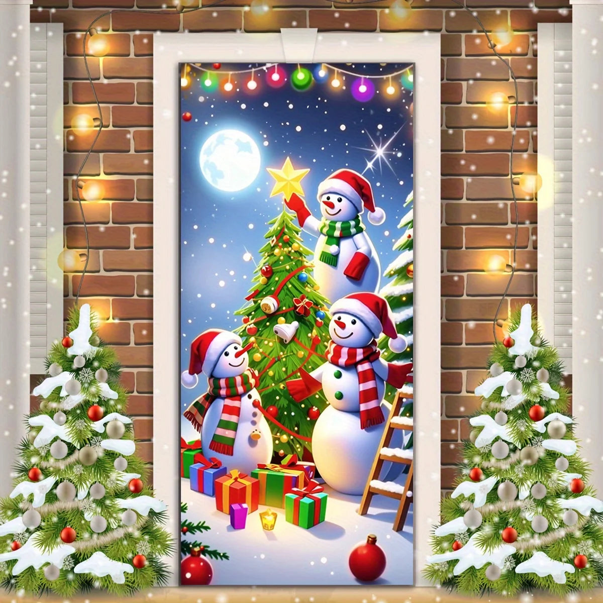 Christmas door casing, snowman decorated Christmas tree,