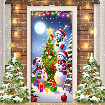 Christmas door casing, snowman decorated Christmas tree,