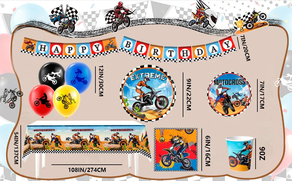 Motorcycle Birthday Supplies,98pcs Decorations&Motorcycle Theme Party Tableware Set-Dirt Bike Party Plates and Napkins Cups etc