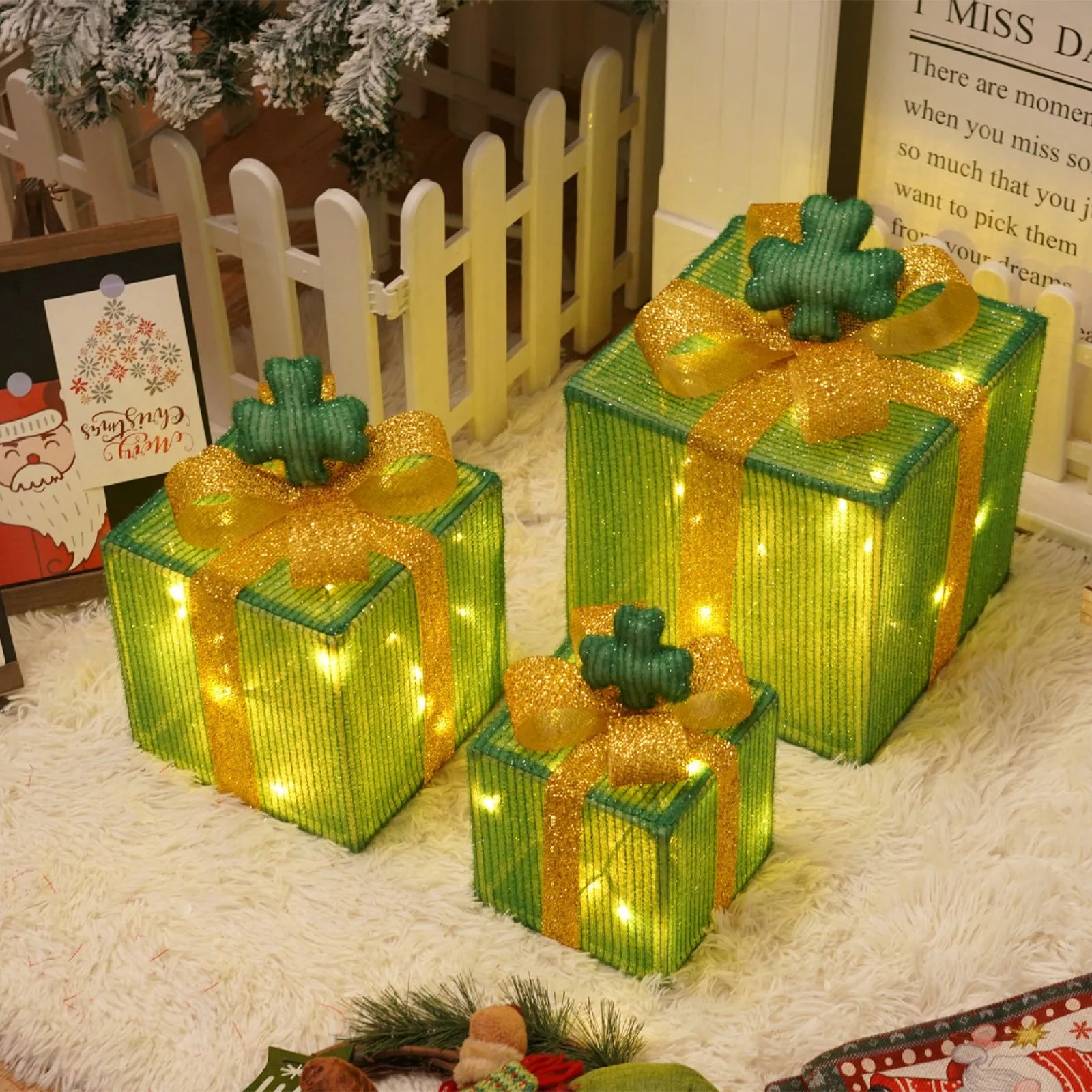 Christmas Decoration 3pcs Transparent Plastic Christmas Gift Boxes With Warm White LED Lights Christmas Tree Skirt Ornament