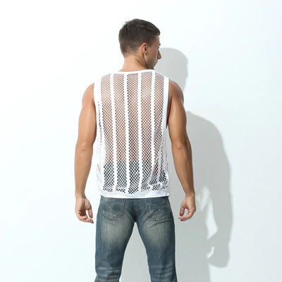 Back view of a man wearing a Men Tank Top Sleeveless Undershirt in a mesh design, perfect for summer styling.