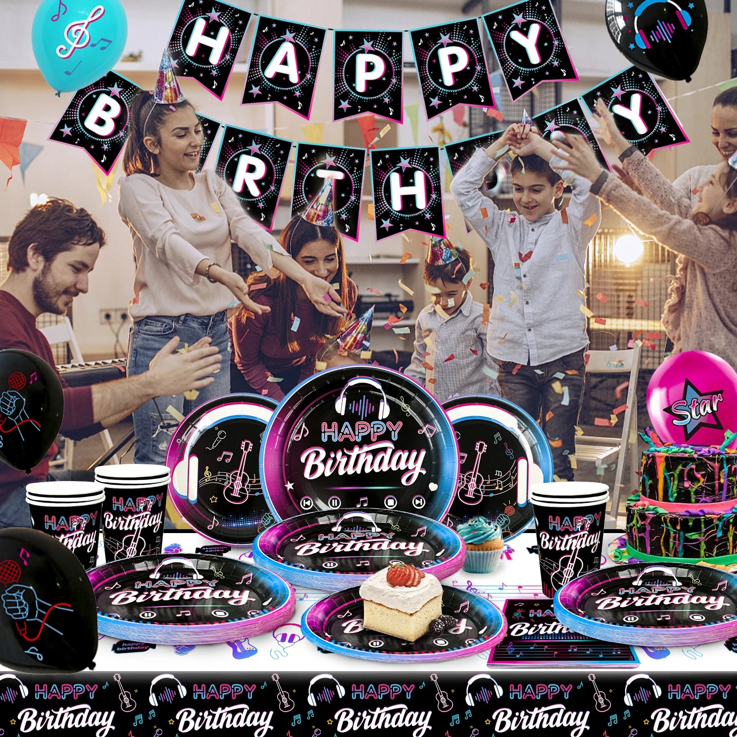 Music Party Decorations,77pcs Music Birthday Party Decorations Tableware Set - Music Balloons Banner Tablecloth Plates Cups
