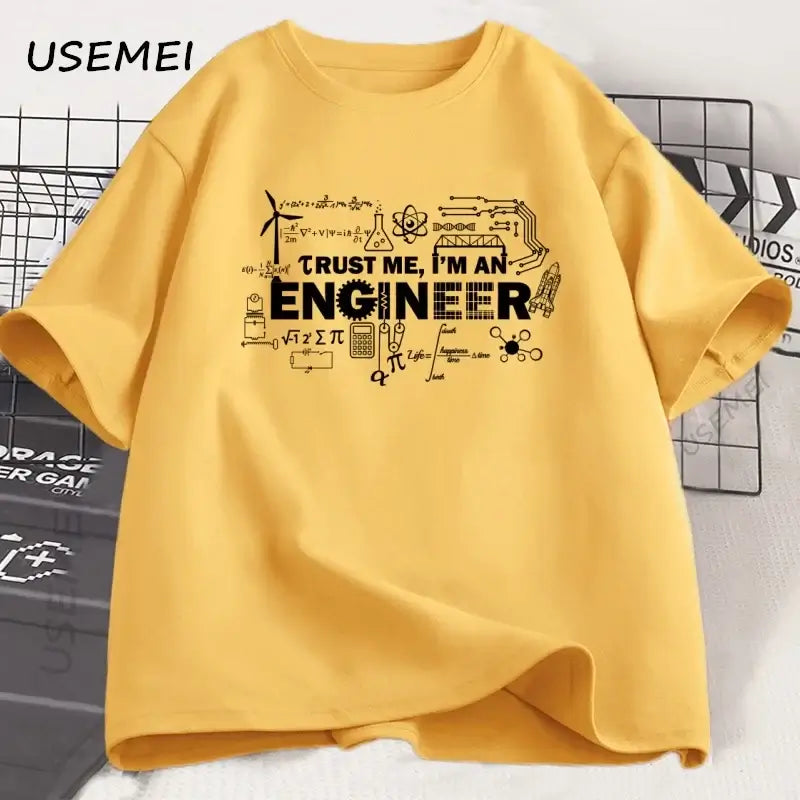 Engineer t-shirt for men in yellow with "Trust me, I'm an ENGINEER" design by USEMEI