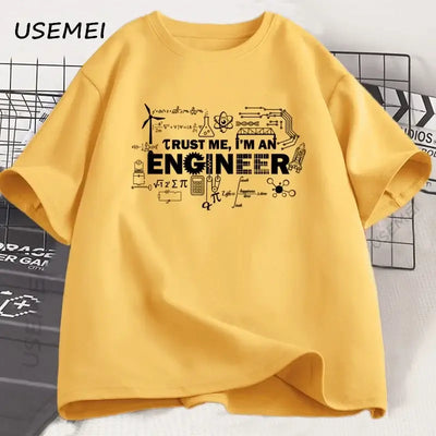 Engineer t-shirt for men in yellow with "Trust me, I'm an ENGINEER" design by USEMEI