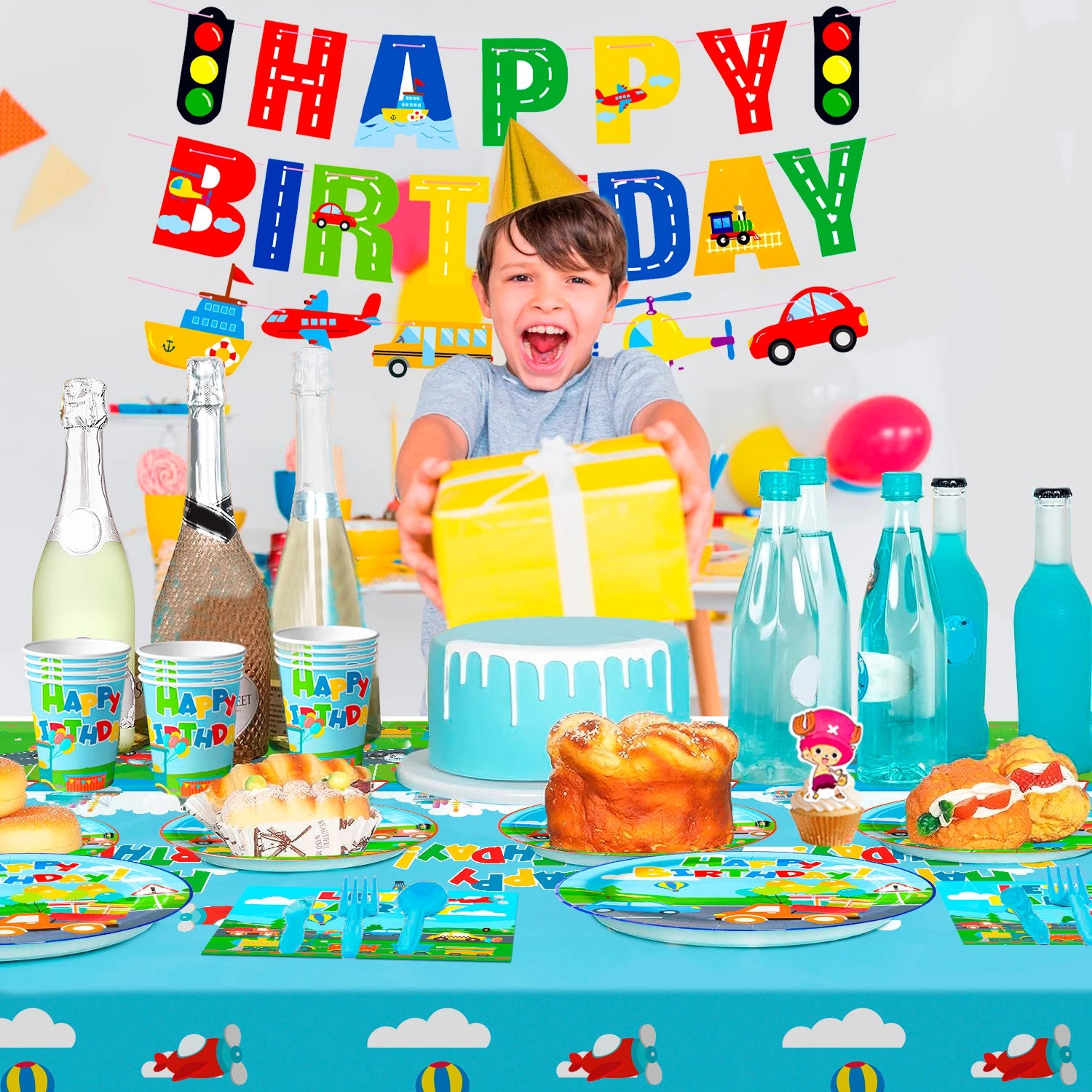 Transportation Birthday Party Supplies,104pcs Party Tableware Set - Birthday Decor Banner Tablecloth Plates Napkin etc