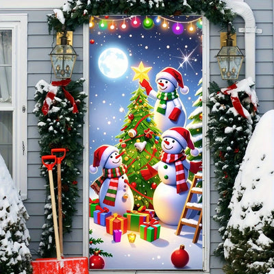 Christmas door casing, snowman decorated Christmas tree,