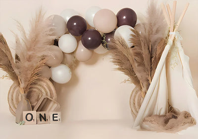 One Year Old Baby Birthday Backdrop Toys Bear White Balloons