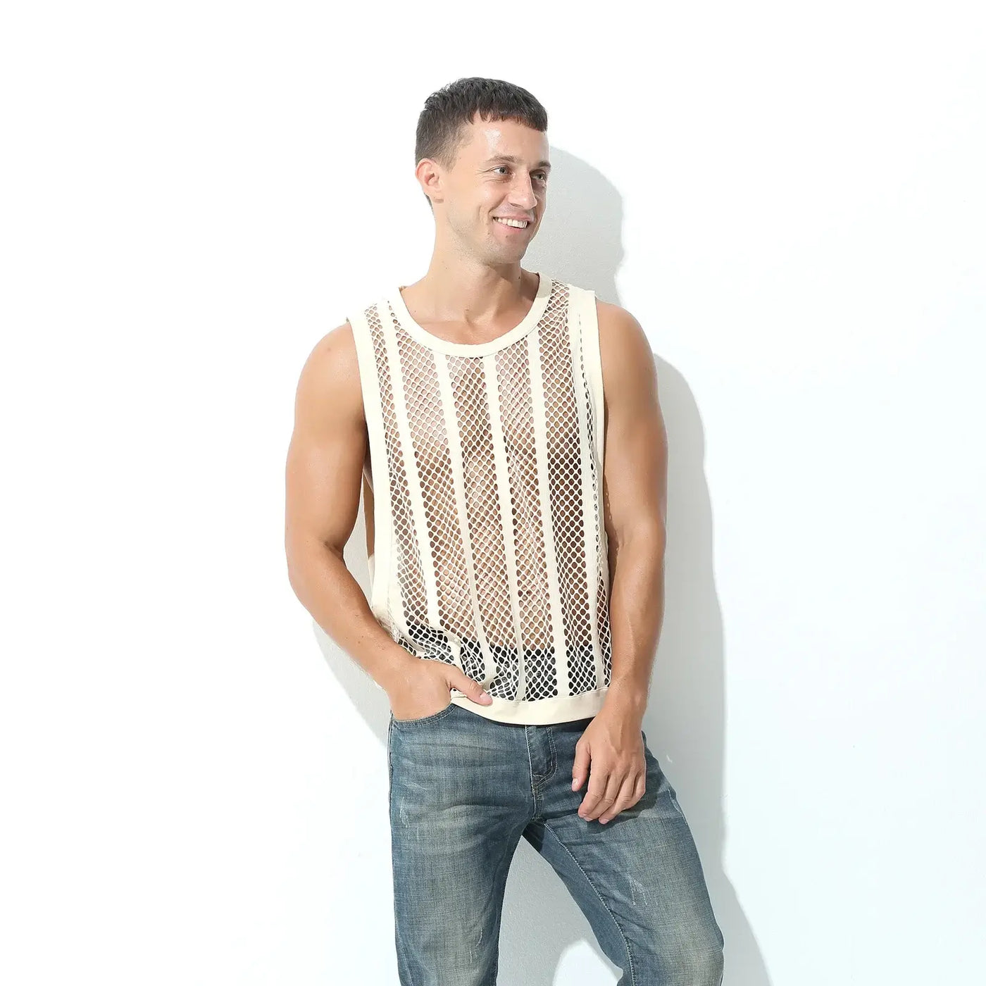 Men Tank Top Sleeveless Undershirt on model, showcasing a mesh design, perfect for casual spring and summer wear.