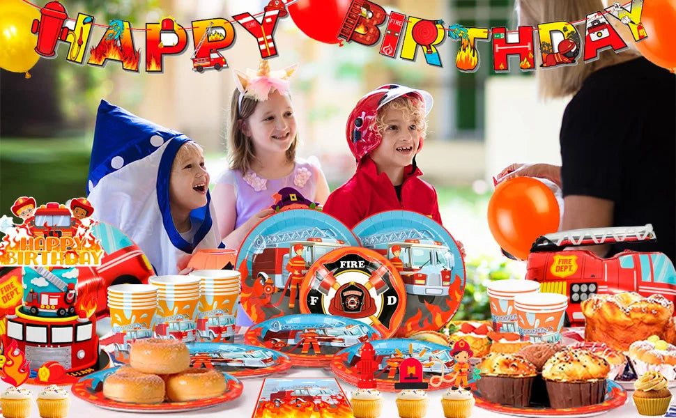 Fire Truck Birthday Party Supplies,95pcs  Birthday Party Decorations for Boys-Firetruck Birthday Balloons Plates Napkins etc