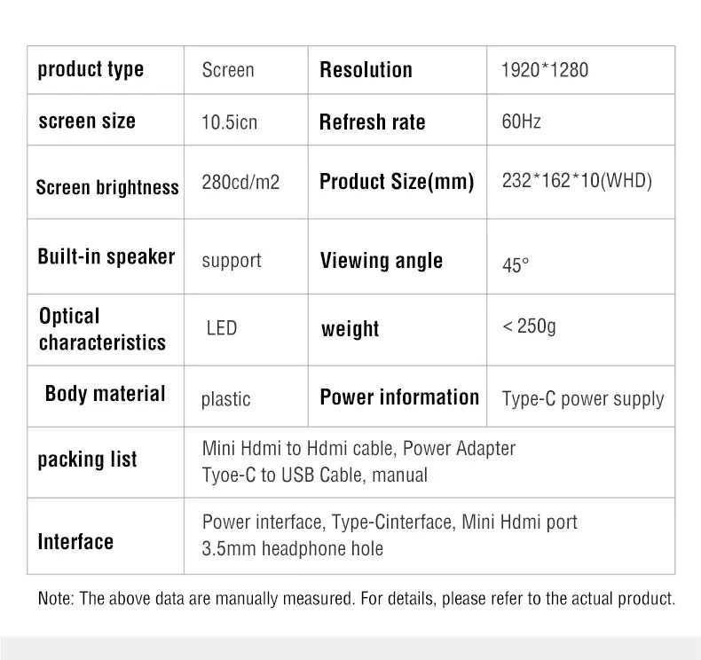 Anmite 10.5-Inch Portable Monitor 1280P HDR 16:10 Low Blue Light For XBox PS4 / 5 Switch Cell Phone PC Loptop Extension