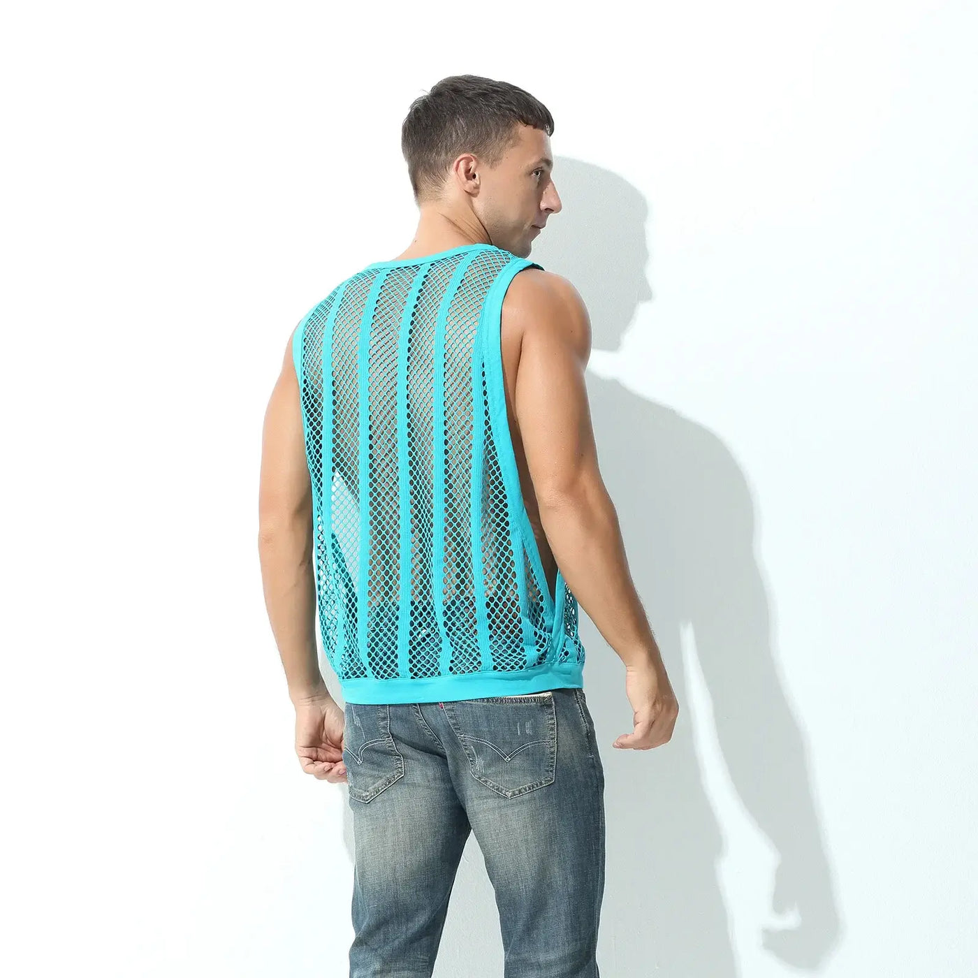 Man wearing a Men Tank Top Sleeveless Undershirt in turquoise, showcasing a mesh design from the back.