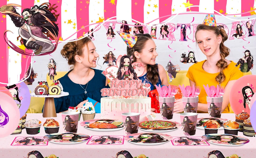 Nezuko Birthday Decorations,117pcs Decorations&Nezuko Party Tableware Set-Party Plates Tablecloth&Cake Topper Banner Balloons