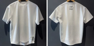 white crew neck t shirt for men displayed from front and back on a hanger