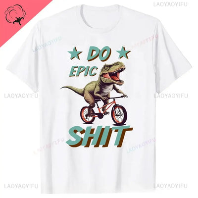 Men's graphic t-shirt featuring a dinosaur riding a bike with the text 'Do Epic Shit'.