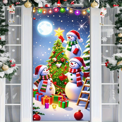Christmas door casing, snowman decorated Christmas tree,