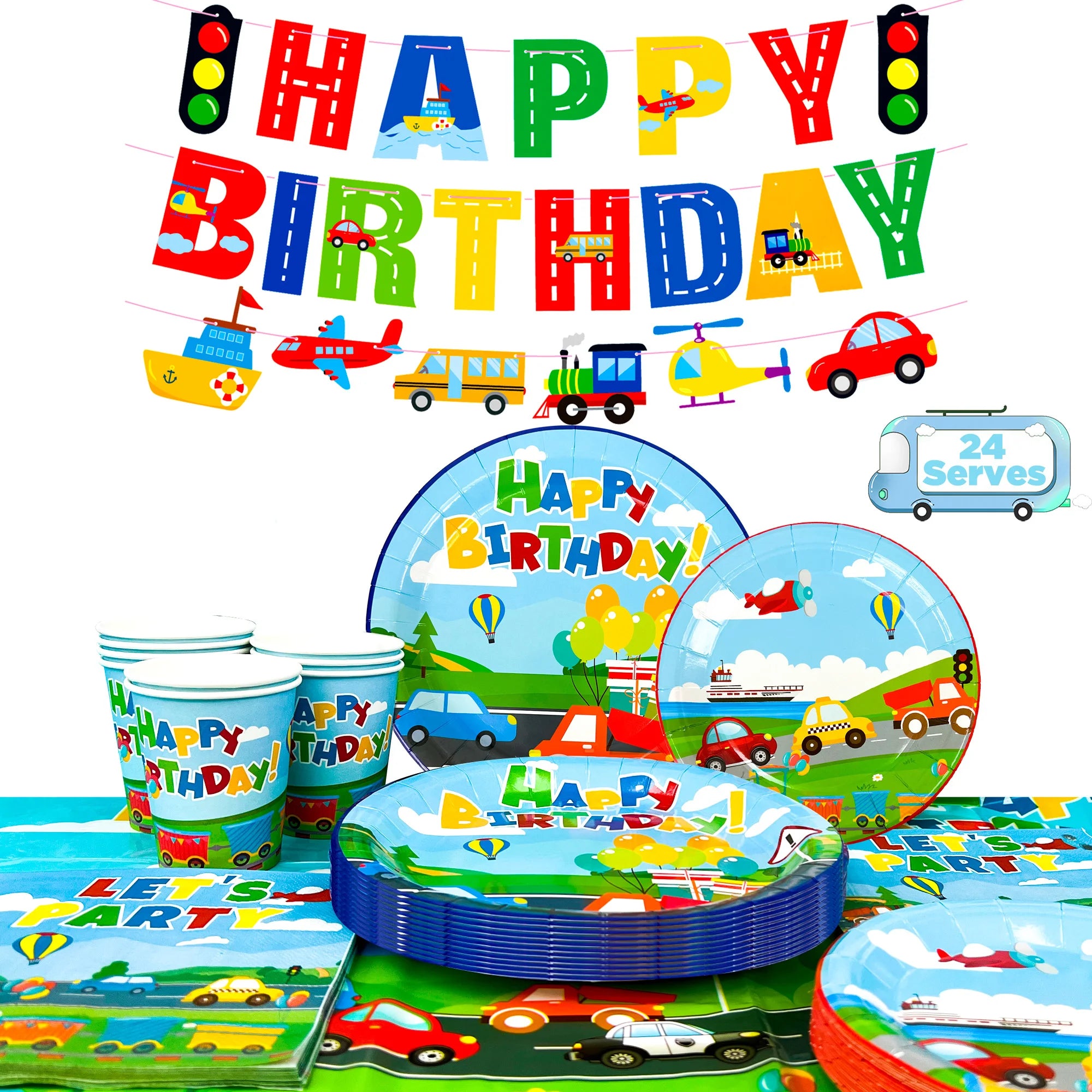 Transportation Birthday Party Supplies,104pcs Party Tableware Set - Birthday Decor Banner Tablecloth Plates Napkin etc