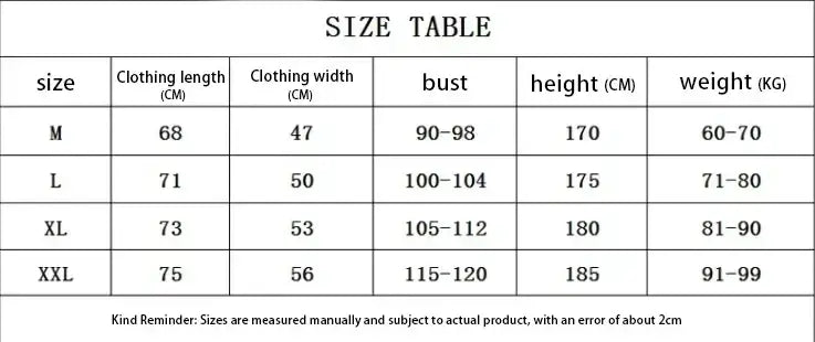 Size table for Gym Top Men Shirt Man Muscle Loose T-shirt Fitness Bodybuilding with clothing measurements.