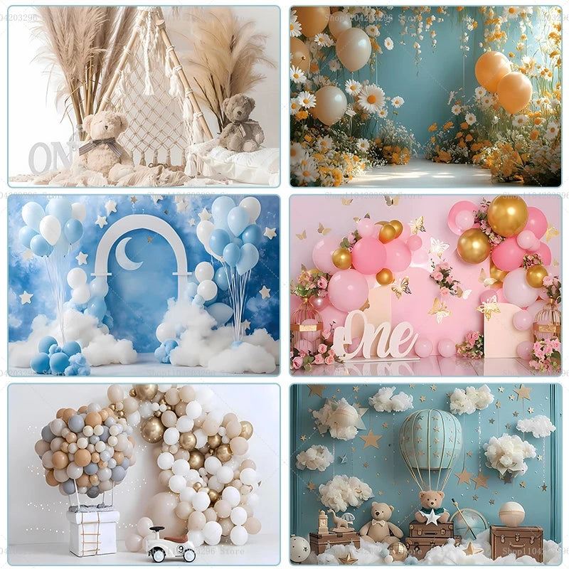One Year Old Baby Birthday Backdrop Toys Bear White Balloons